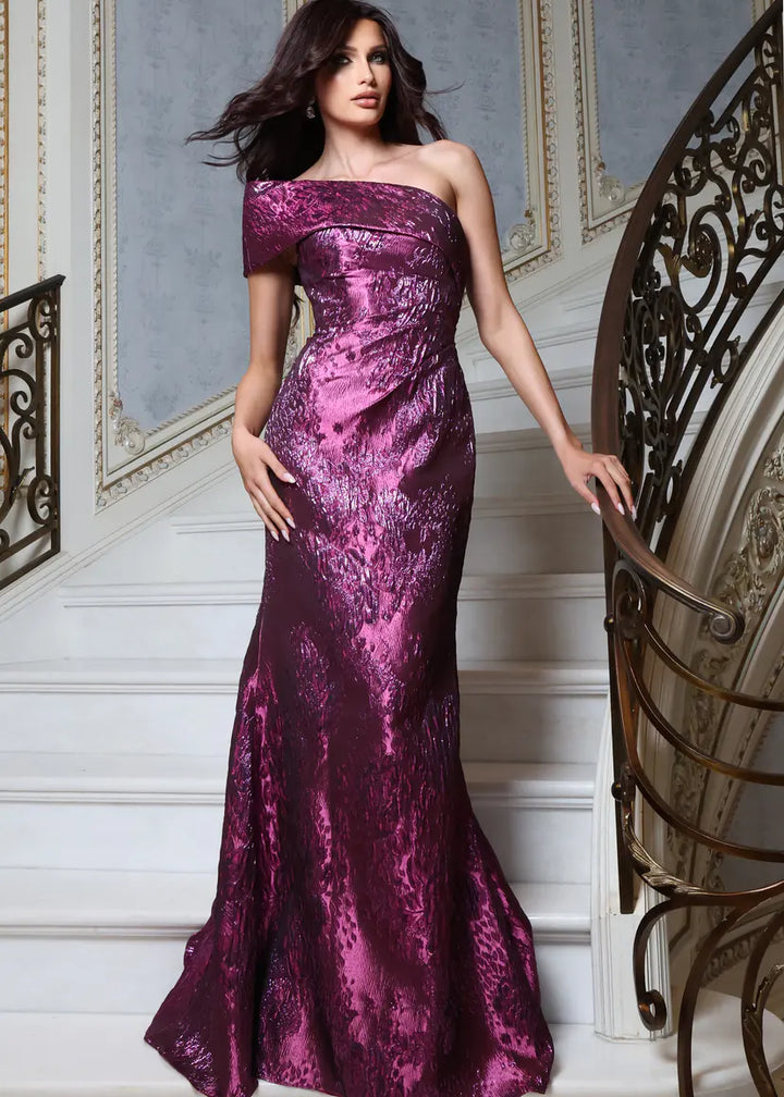 Jovani 51944 one shoulder draped mermaid gown front view