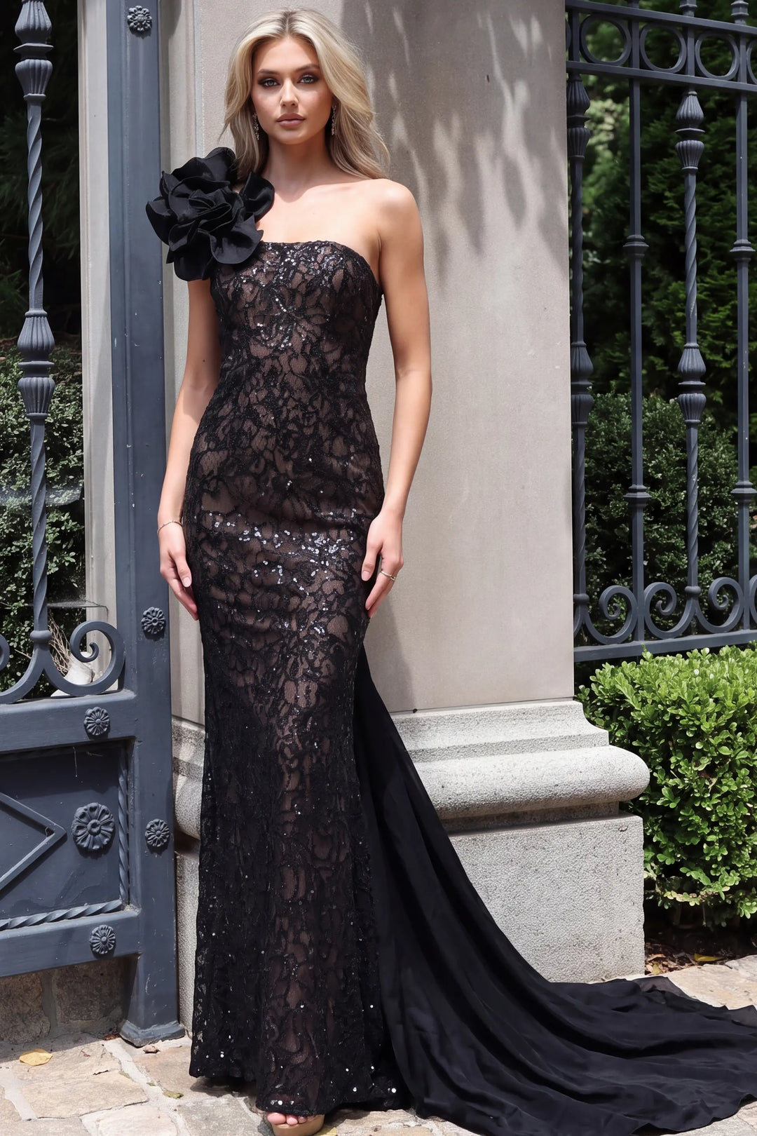 Jovani 51987 one-shoulder sequin lace mermaid gown view 1