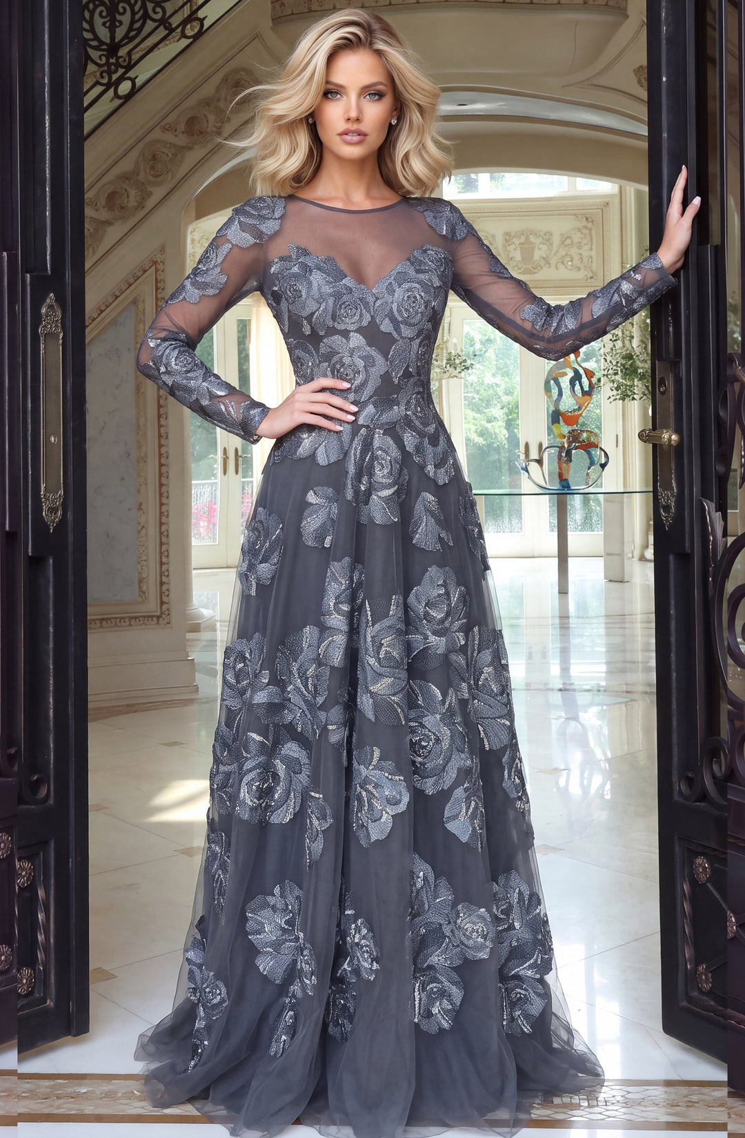 Jovani 52021 High Neck Long Sleeve Illusion A-Line Gown with Floral Appliqués, front