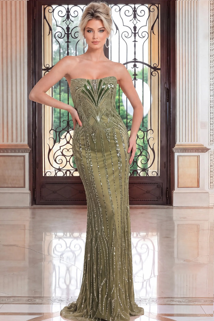 Jovani 52348 strapless beaded column evening gown front view