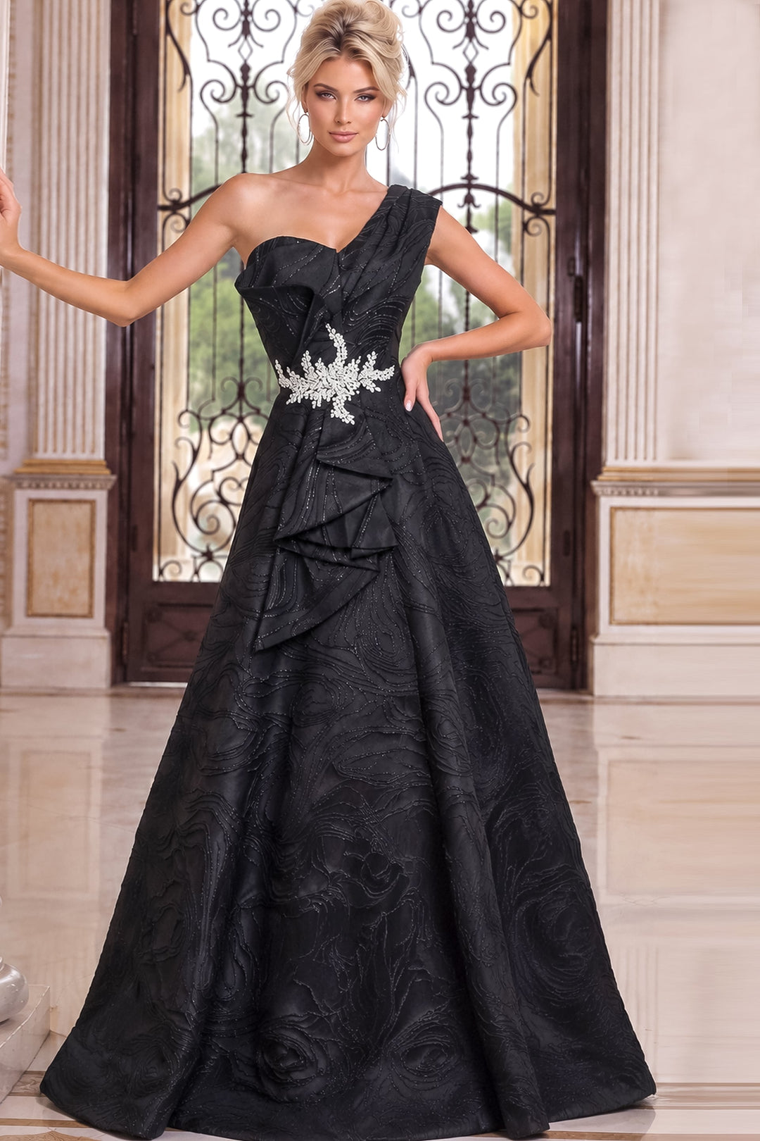 Jovani 52358 Black One Shoulder Beaded Waist A-Line Gown Detail - FOSTANI.com