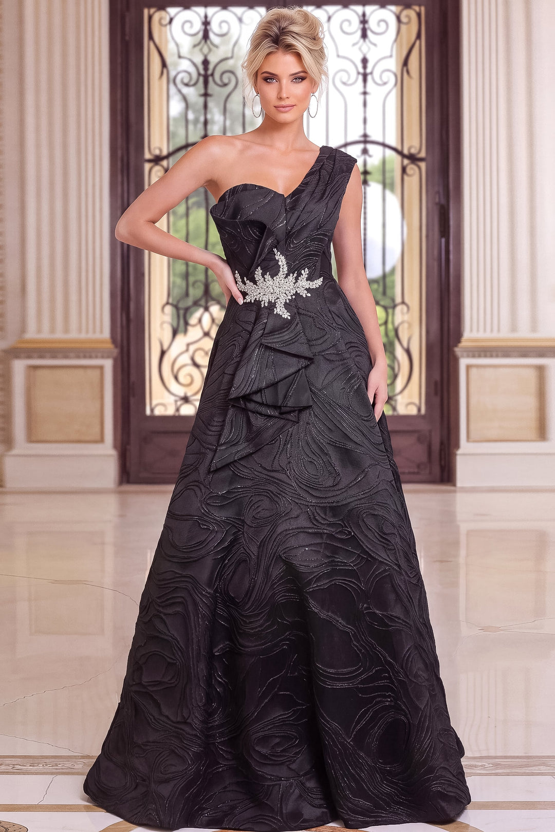 Jovani 52358 Black One Shoulder Beaded Waist A-Line Evening Gown - FOSTANI.com