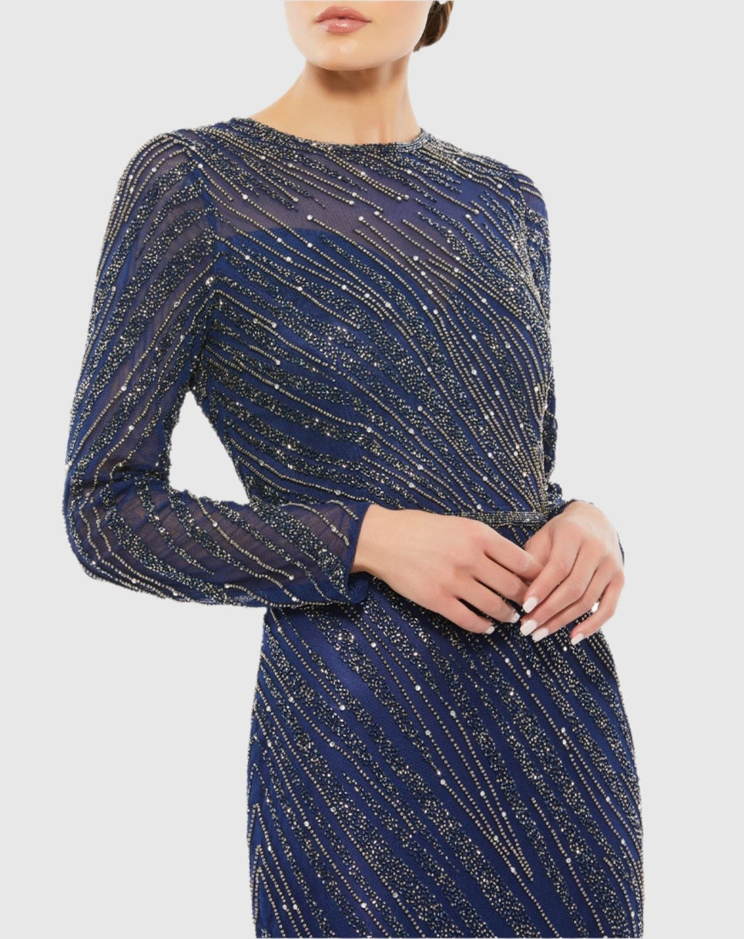 Mac Duggal 5240 Long Sleeve Beaded High Neck Column Gown