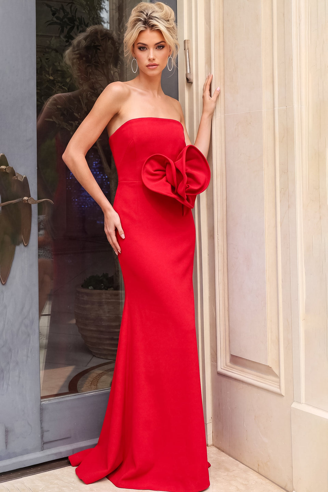 Jovani 52403 Red Strapless 3D Floral Mermaid Evening Gown - FOSTANI.com