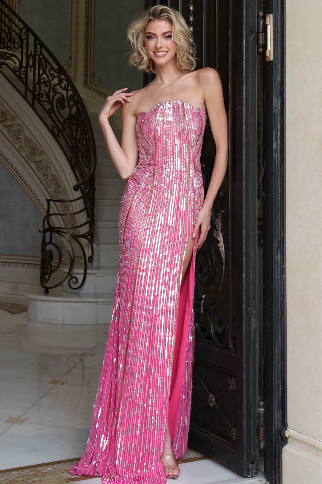 Jovani 52534 Strapless Vertical Sequin Column Gown with High Slit front view