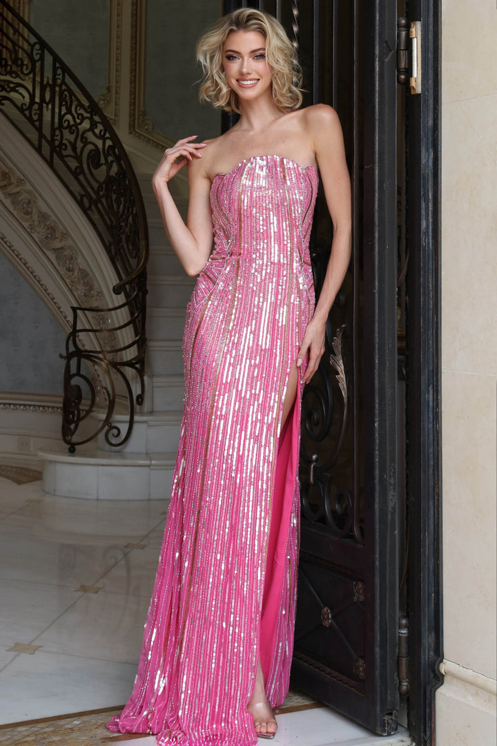 Jovani 52534 Strapless Vertical Sequin Column Gown with High Slit front view