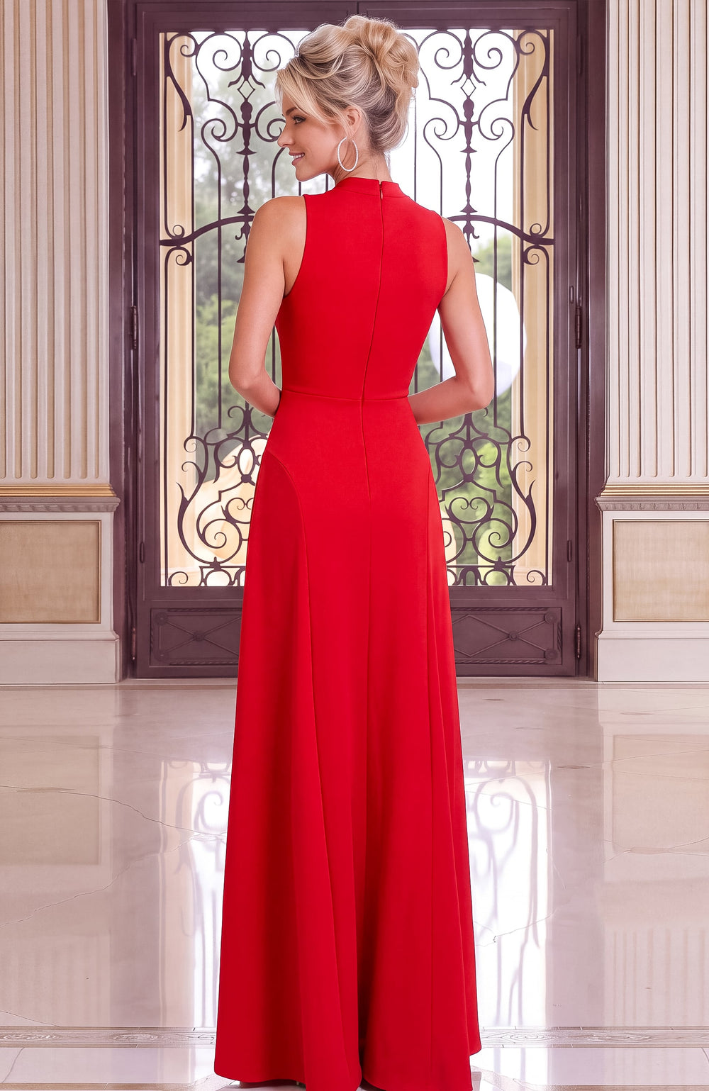 Jovani 52629 Red High Neck Draped A-Line Evening Gown Back - FOSTANI.com