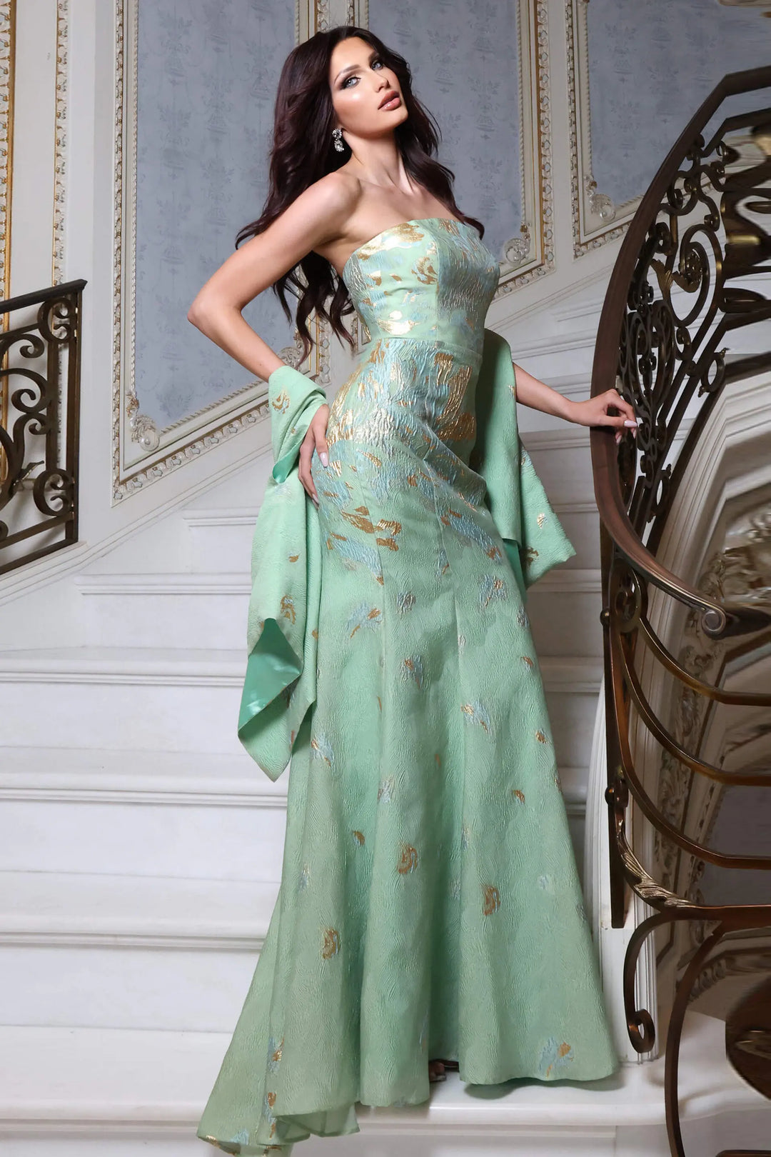 Jovani 52667 strapless metallic A-line evening gown view 1