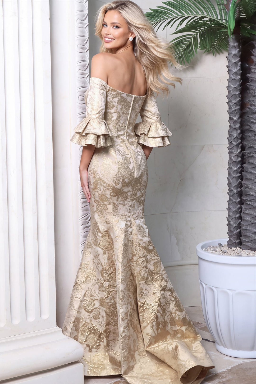 Jovani 52823 jacquard mermaid evening gown - back view