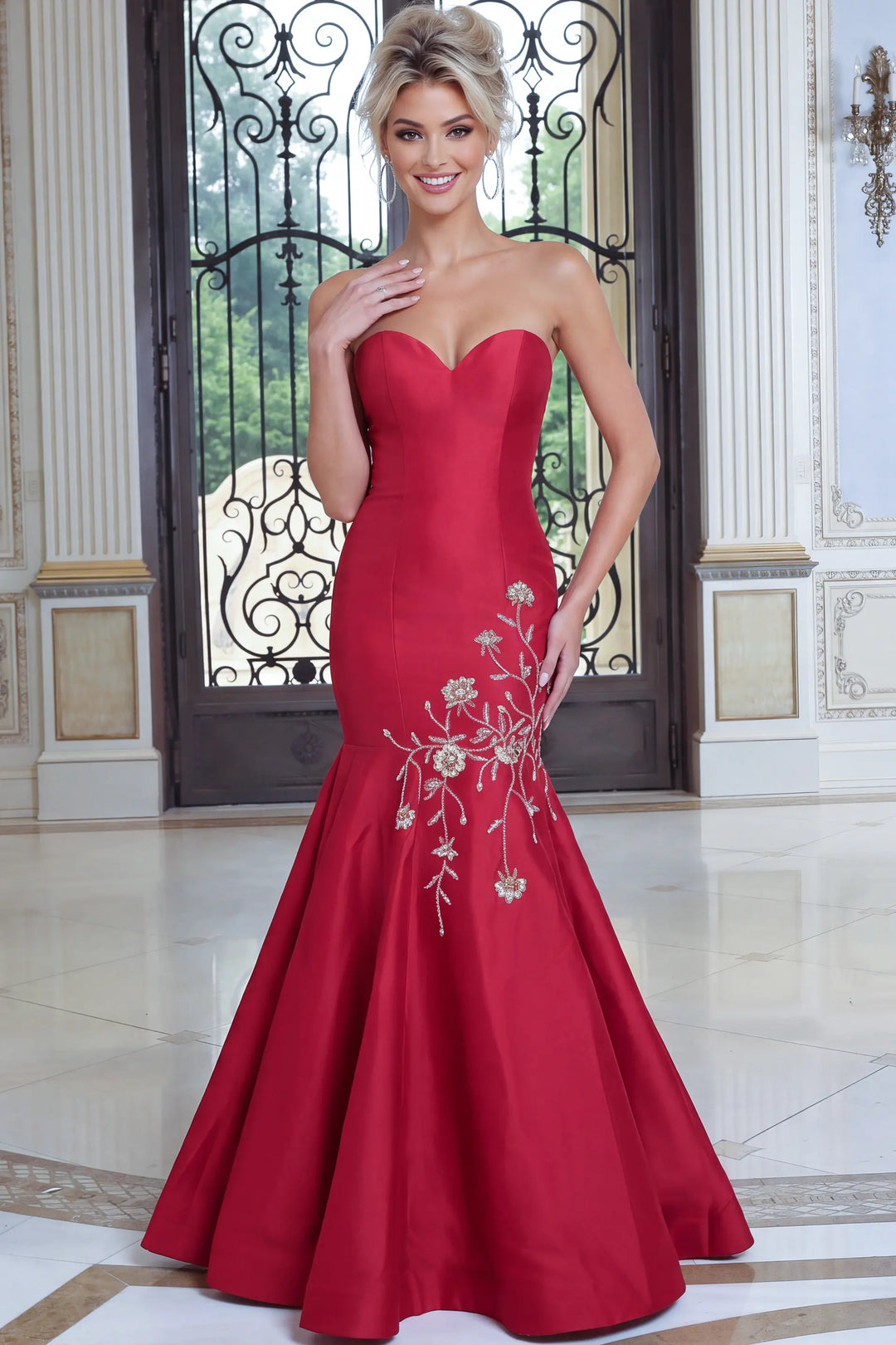 Jovani 53140 strapless embroidered mermaid evening gown front view