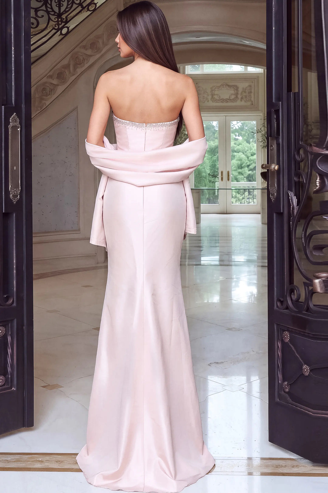 Jovani 53374 strapless crystal trim column gown back view