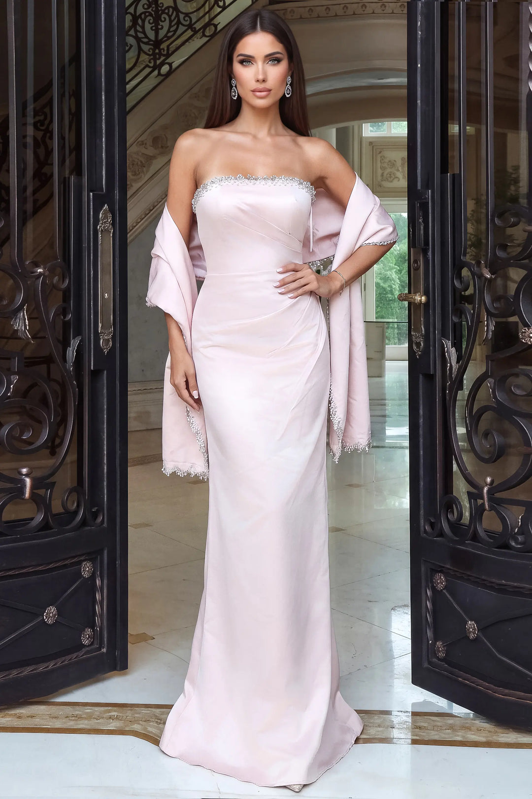 Jovani 53374 strapless crystal trim column gown front view