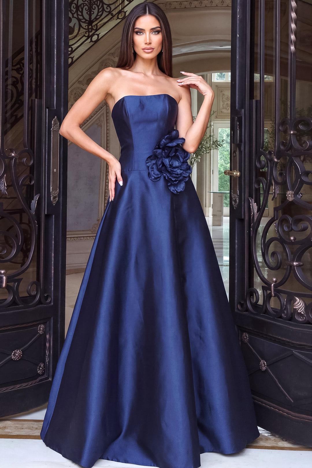 Jovani 53464 Navy Strapless Floral Detail A-Line Evening Gown - FOSTANI.com