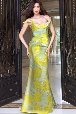 Jovani 53508 off-the-shoulder floral mermaid gown front view