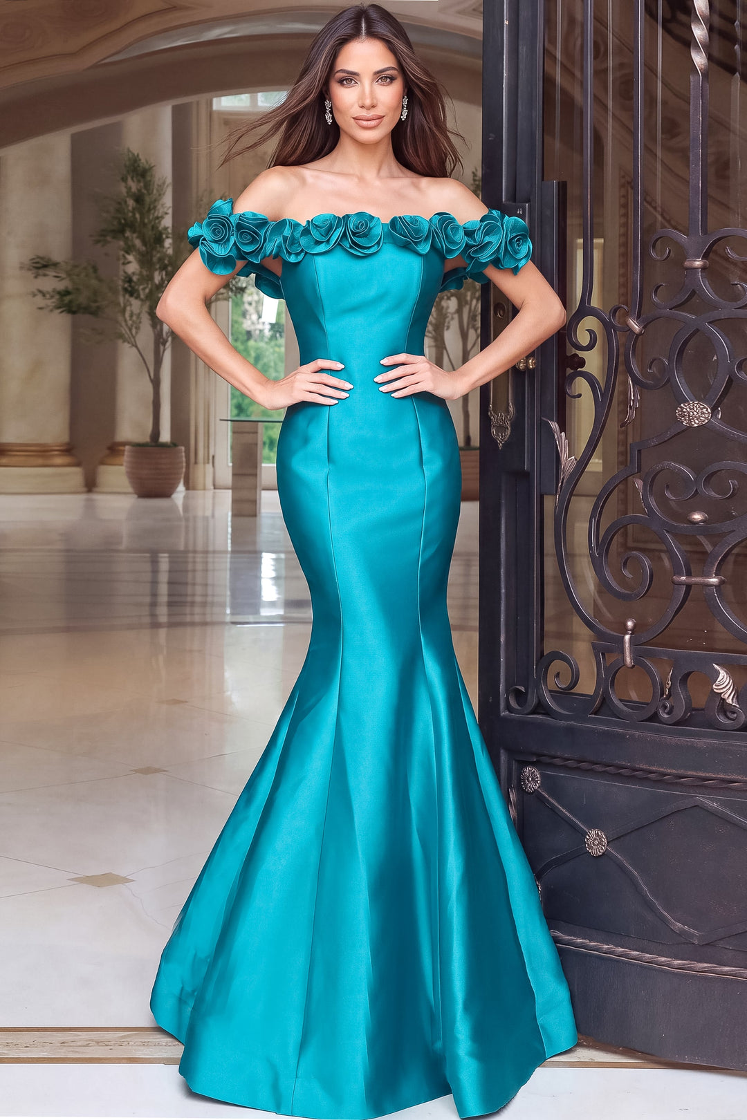 Jovani 53638 Teal Off Shoulder Rosette Mermaid Evening Gown - FOSTANI.com