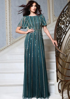 Jovani 54083 beaded stripe flutter sleeve a-line gown front view