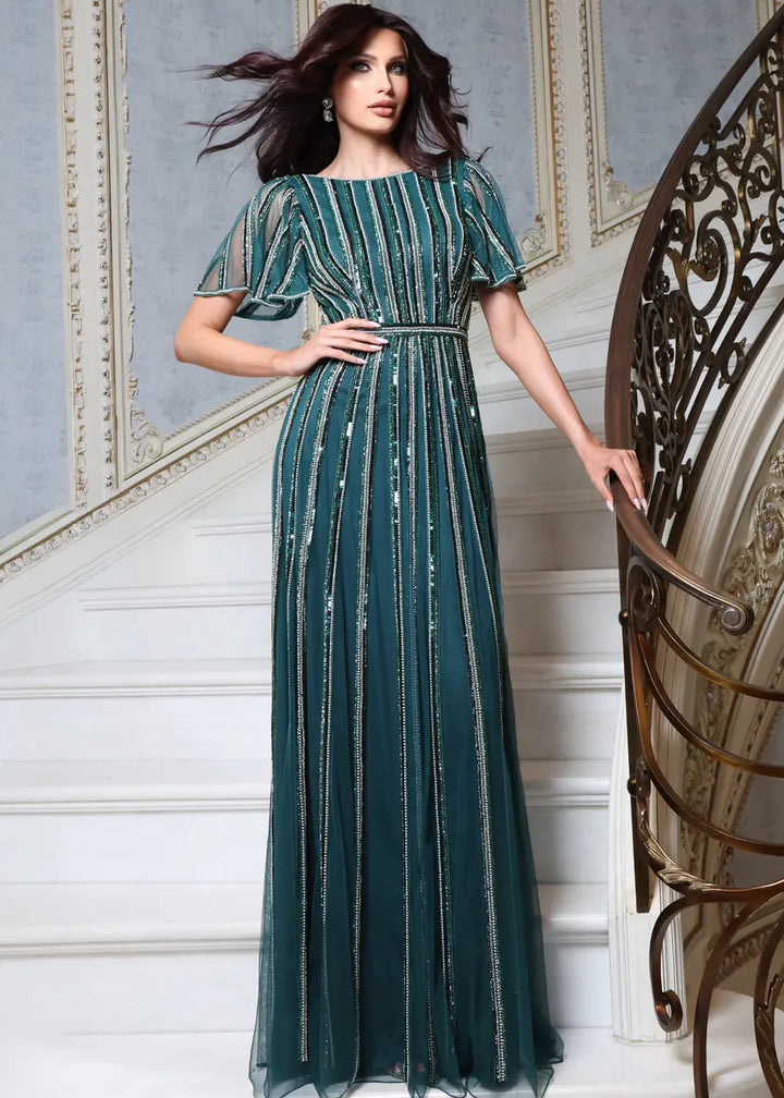 Jovani 54083 beaded stripe flutter sleeve a-line gown front view