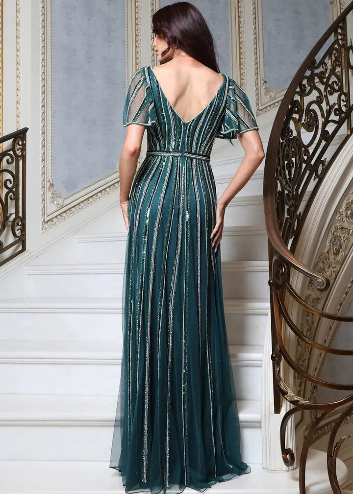 Jovani 54083 beaded stripe flutter sleeve a-line gown back view