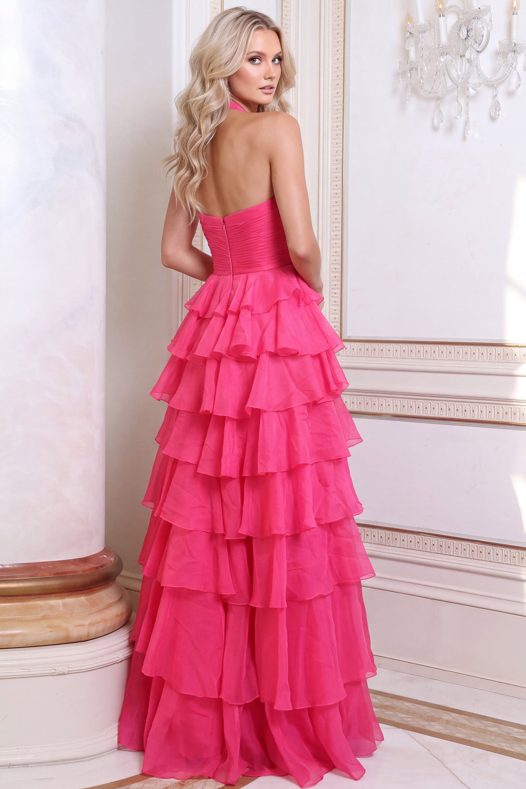 Jovani 54785 Halter Ruched Bodice Tiered Ruffle Gown back view
