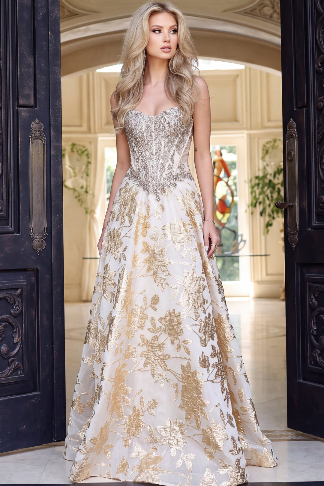 Jovani 54869 Strapless Sweetheart Beaded Corset A-Line Gown front view
