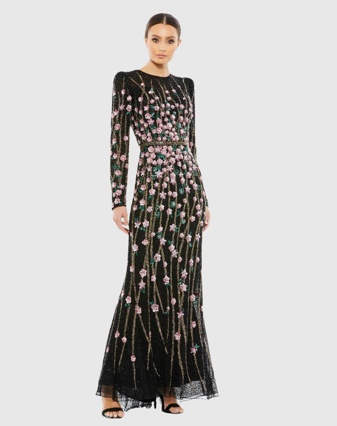 Mac Duggal 5492 Black Embellished High Neck Long Sleeve Gown