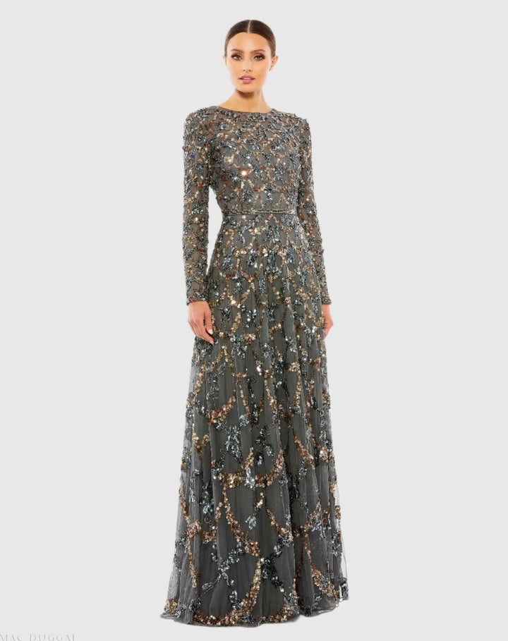 Mac Duggal 5496 Gray Embellished Illusion High Neck Long Sleeve A Line Gown