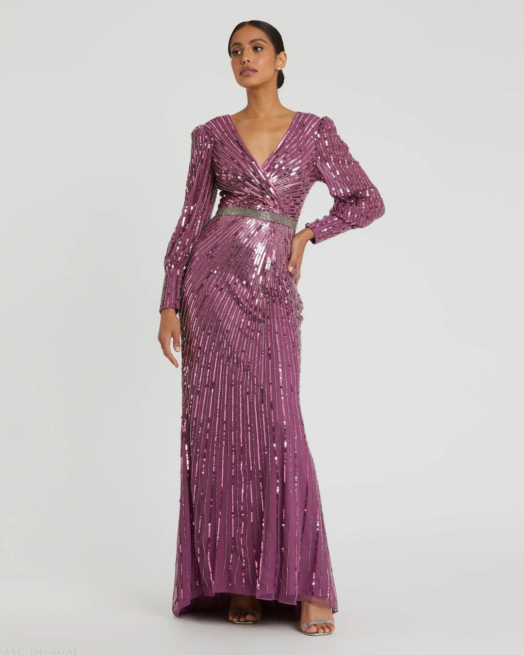 Mac Duggal 5501 Sequined Wrap Over Bishop Sleeve Gown
