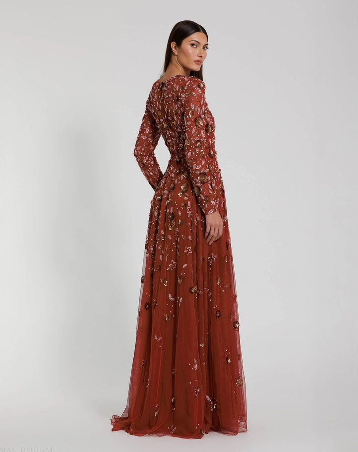 Mac Duggal 5533 Gray Embellished High Neck Long Sleeve A Line Gown