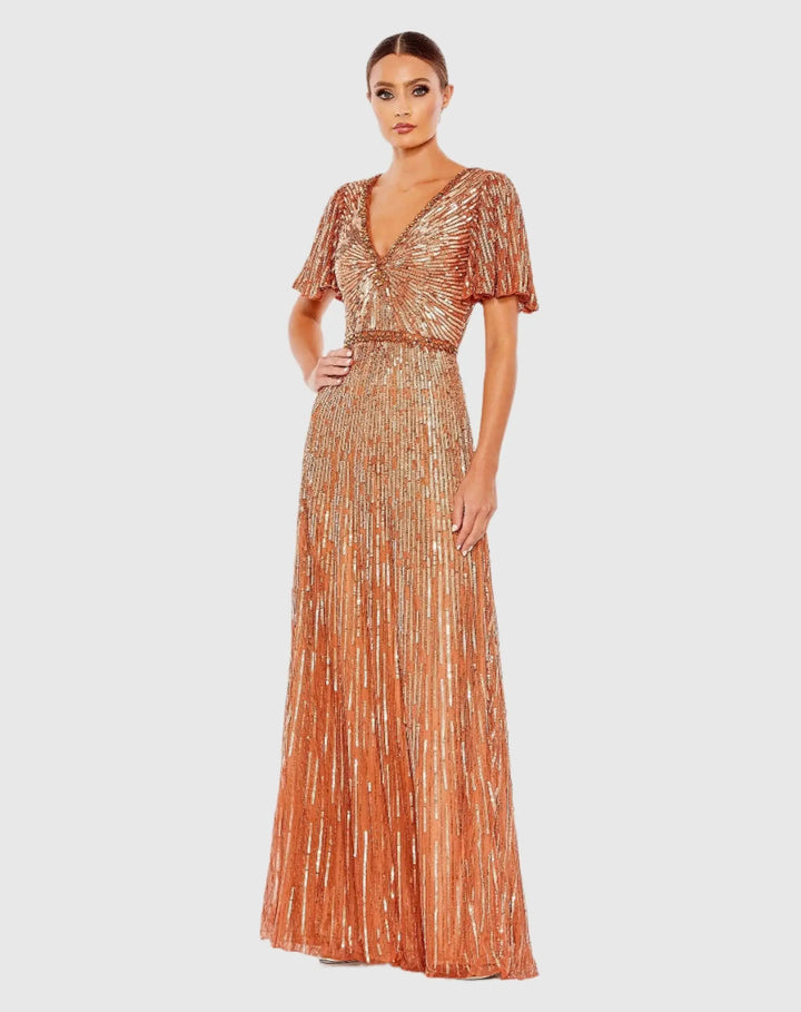 Mac Duggal 5538 Embellished V Neck Butterfly Sleeve Column Gown