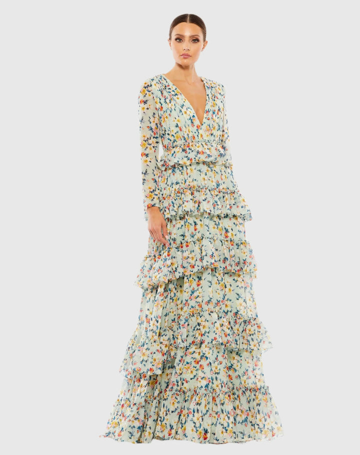 Mac Duggal 55664 Floral Printed Tiered Ruffle Long Sleeve Gown