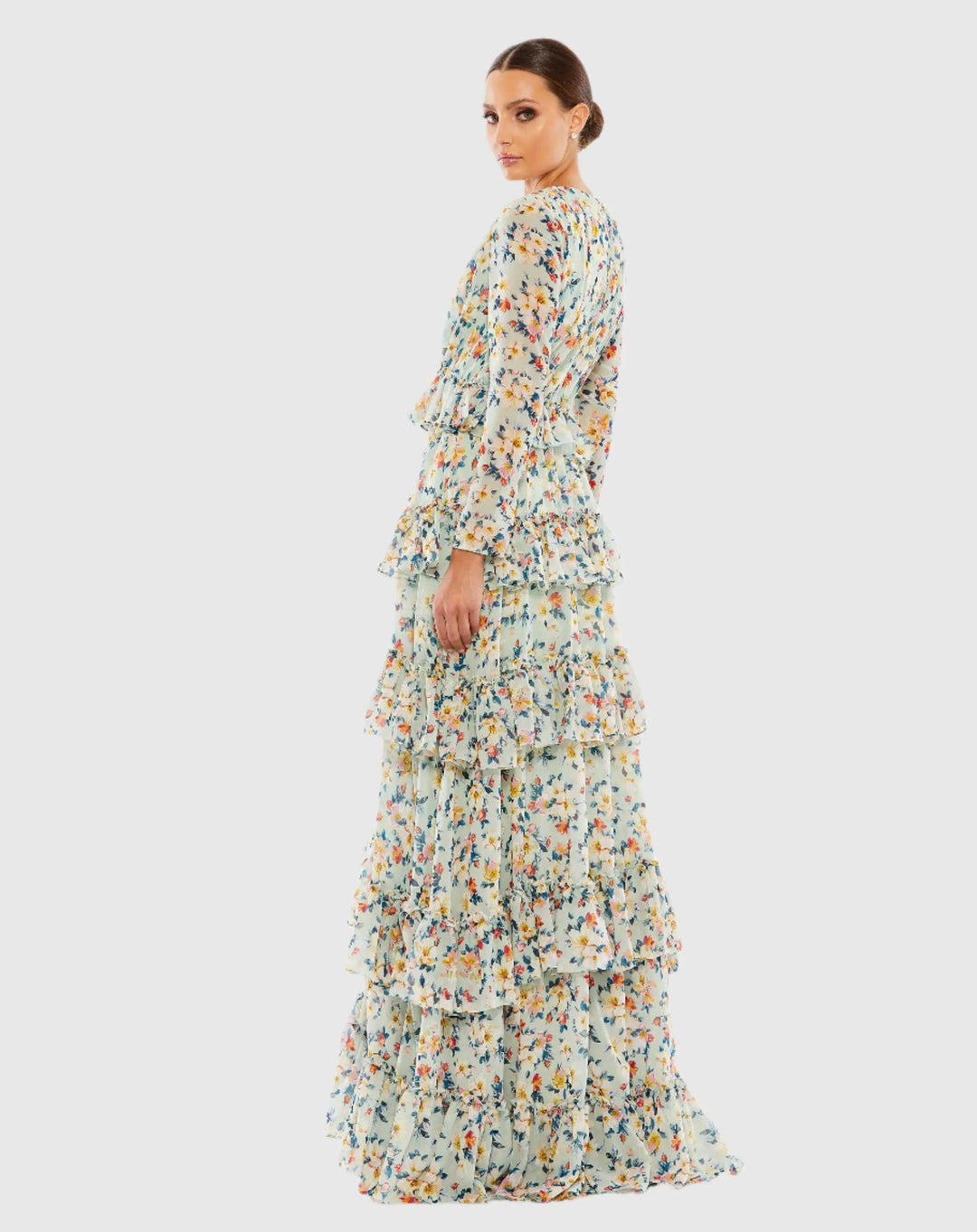 Mac Duggal 55664 Floral Printed Tiered Ruffle Long Sleeve Gown