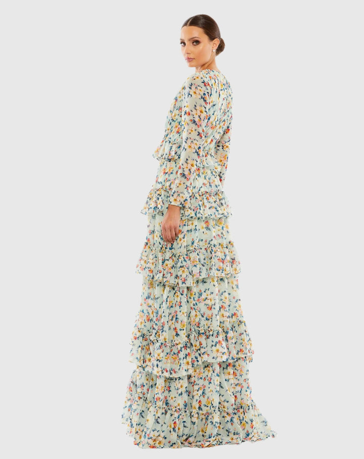 Mac Duggal 55664 Floral Printed Tiered Ruffle Long Sleeve Gown