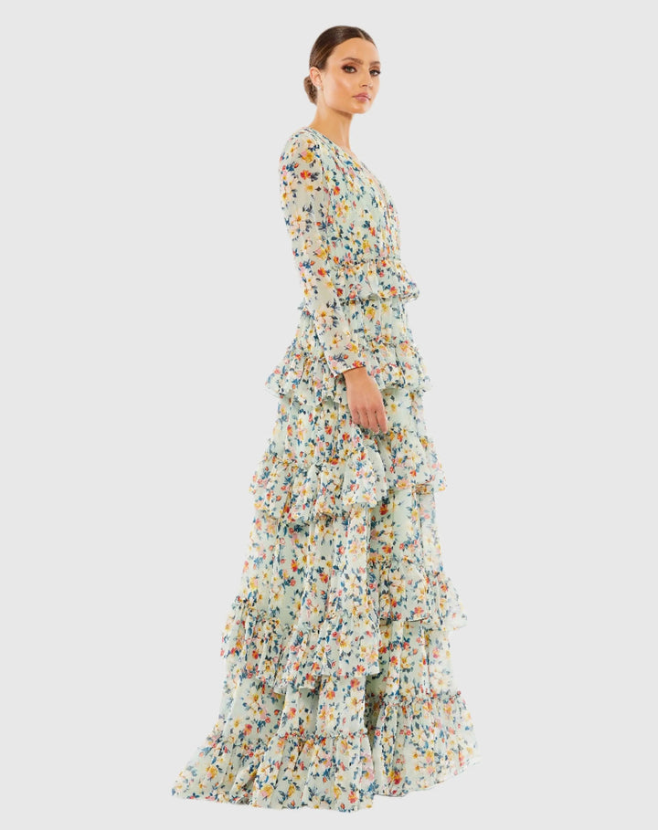 Mac Duggal 55664 Floral Printed Tiered Ruffle Long Sleeve Gown