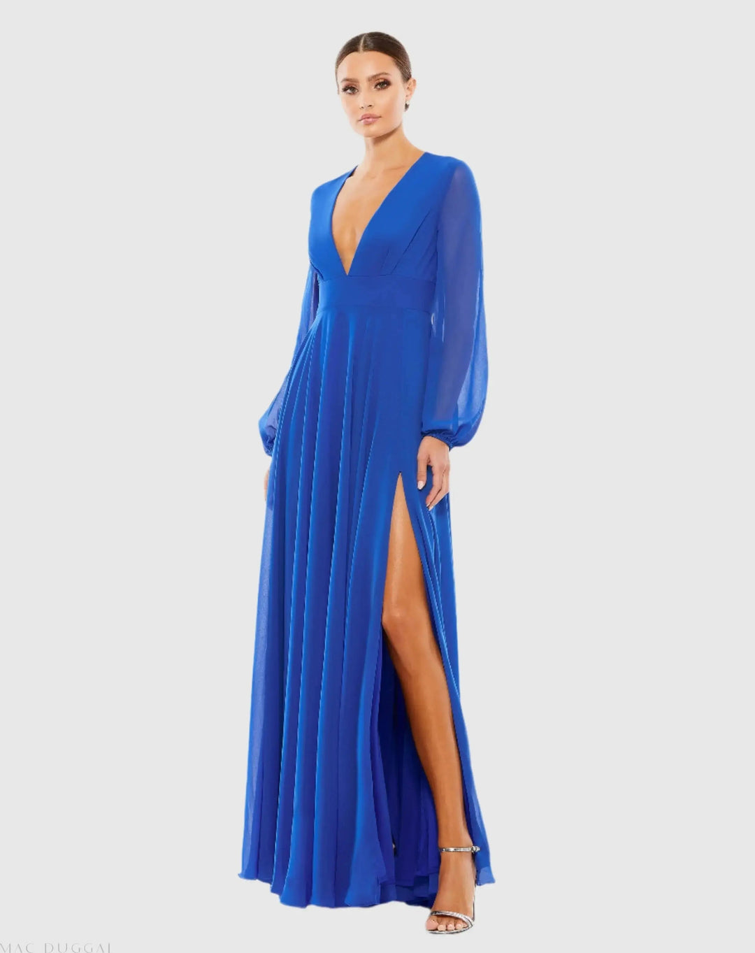 Mac Duggal 55682 V-Neck Illusion Long Sleeve Chiffon Gown