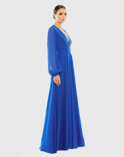 Mac Duggal 55682 V-Neck Illusion Long Sleeve Chiffon Gown