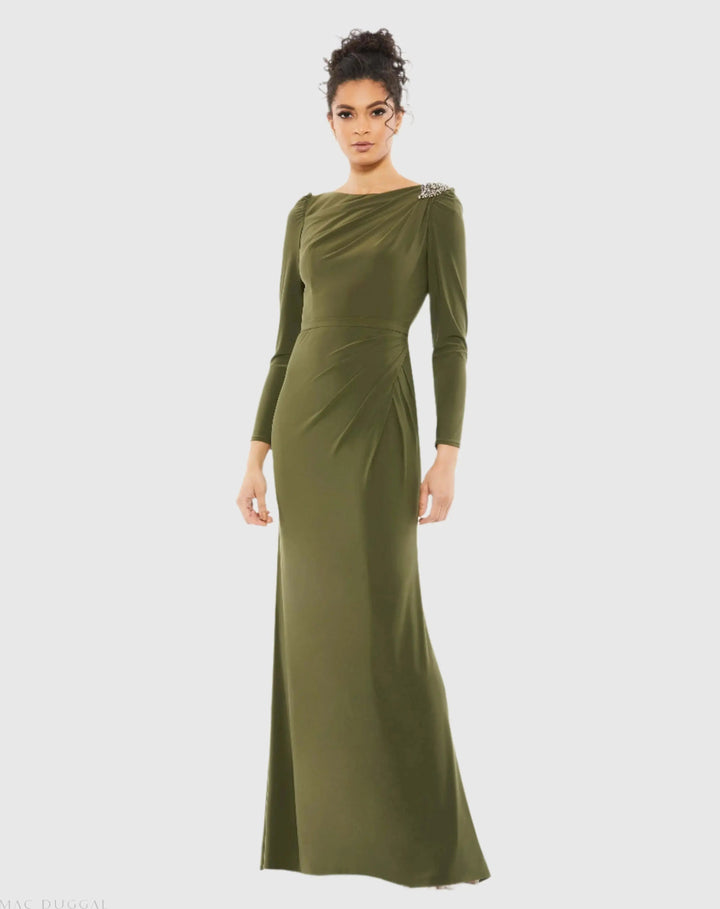 Mac Duggal 55695 Green Draped Bateau Long Sleeve Trumpet Gown