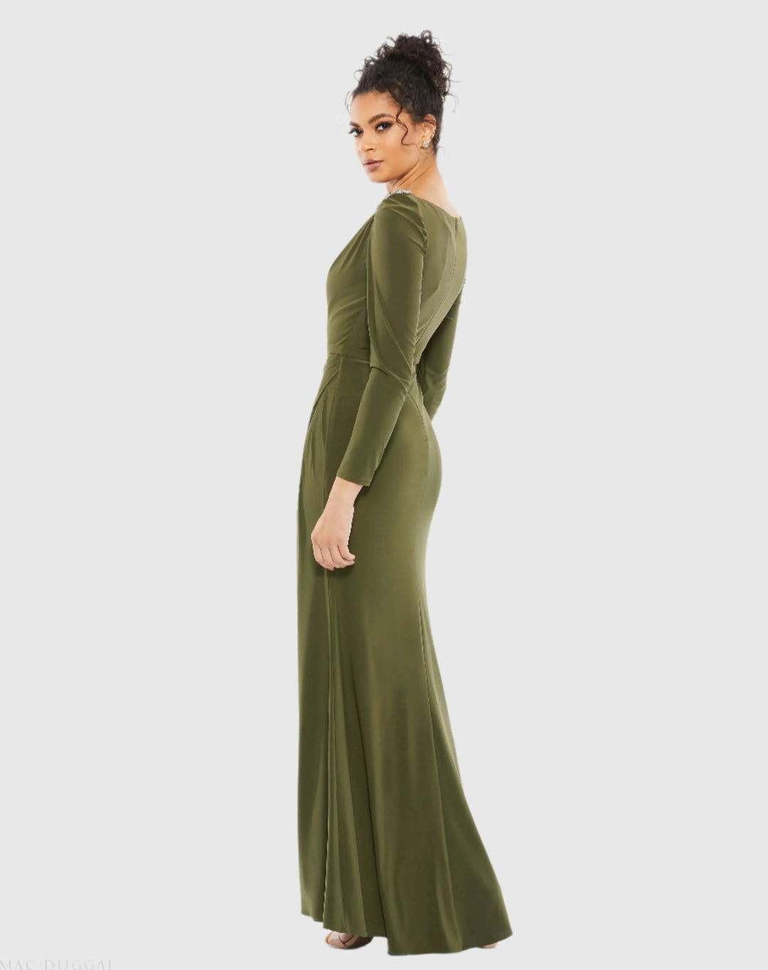 Mac Duggal 55695 Green Draped Bateau Long Sleeve Trumpet Gown