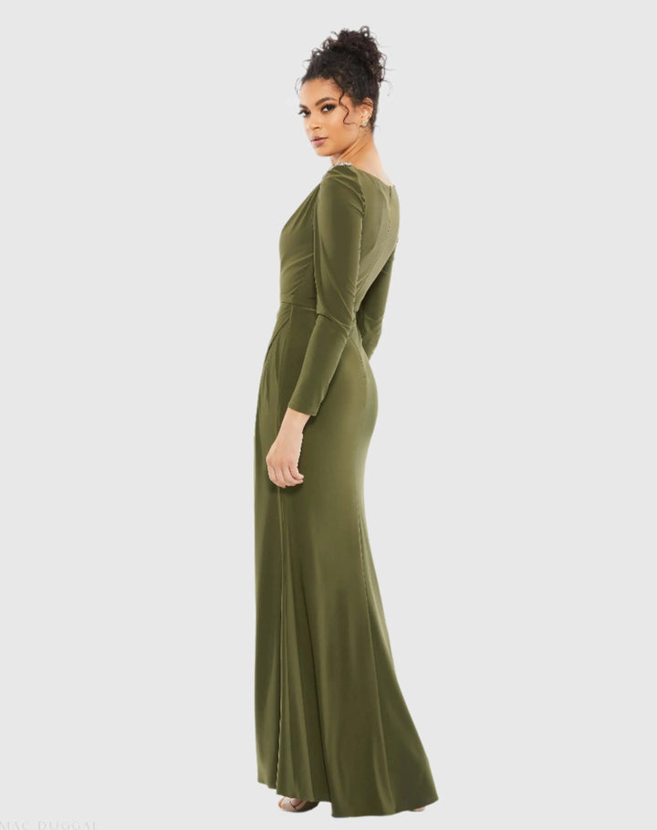 Mac Duggal 55695 Green Draped Bateau Long Sleeve Trumpet Gown