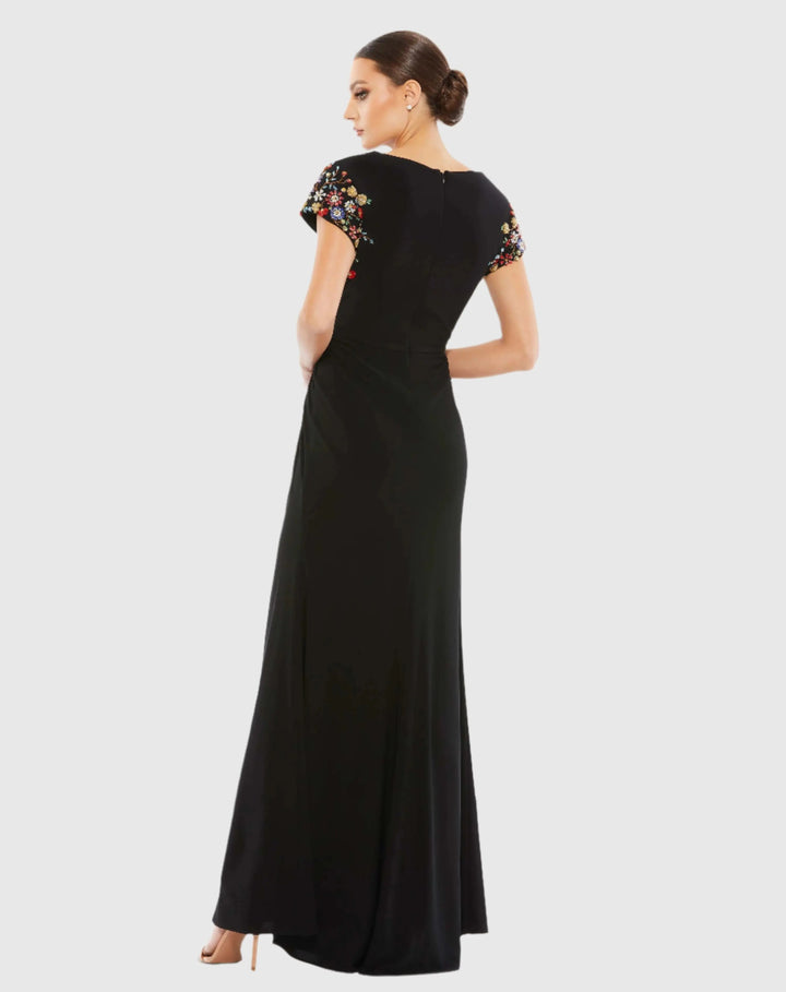 Mac Duggal 55709 Black Embellished Sleeve Jersey Wrap Gown