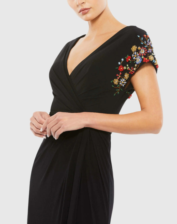 Mac Duggal 55709 Black Embellished Sleeve Jersey Wrap Gown