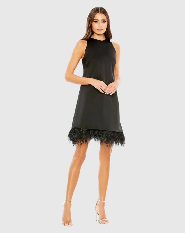 Mac Duggal 55805 Feathered Hem High Neck Sleeveless A Line Dress