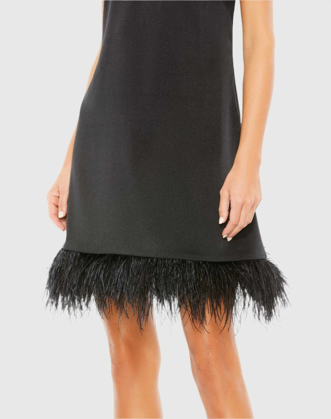 Mac Duggal 55805 Feathered Hem High Neck Sleeveless A Line Dress
