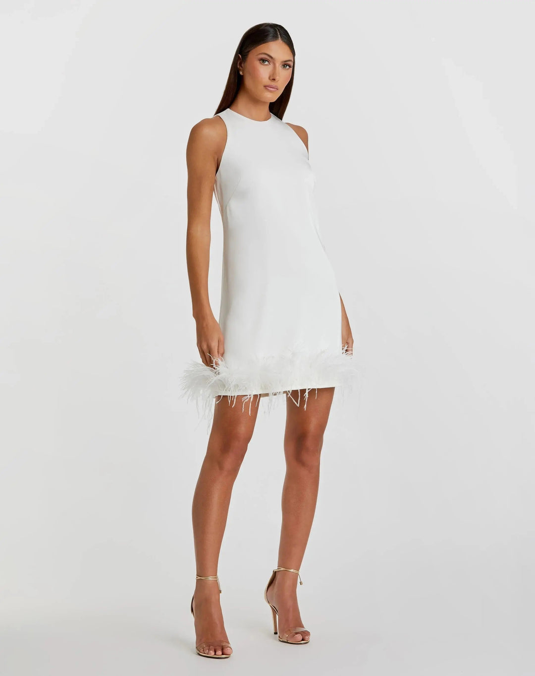 Mac Duggal 55805 Feathered Hem High Neck Sleeveless A Line Dress