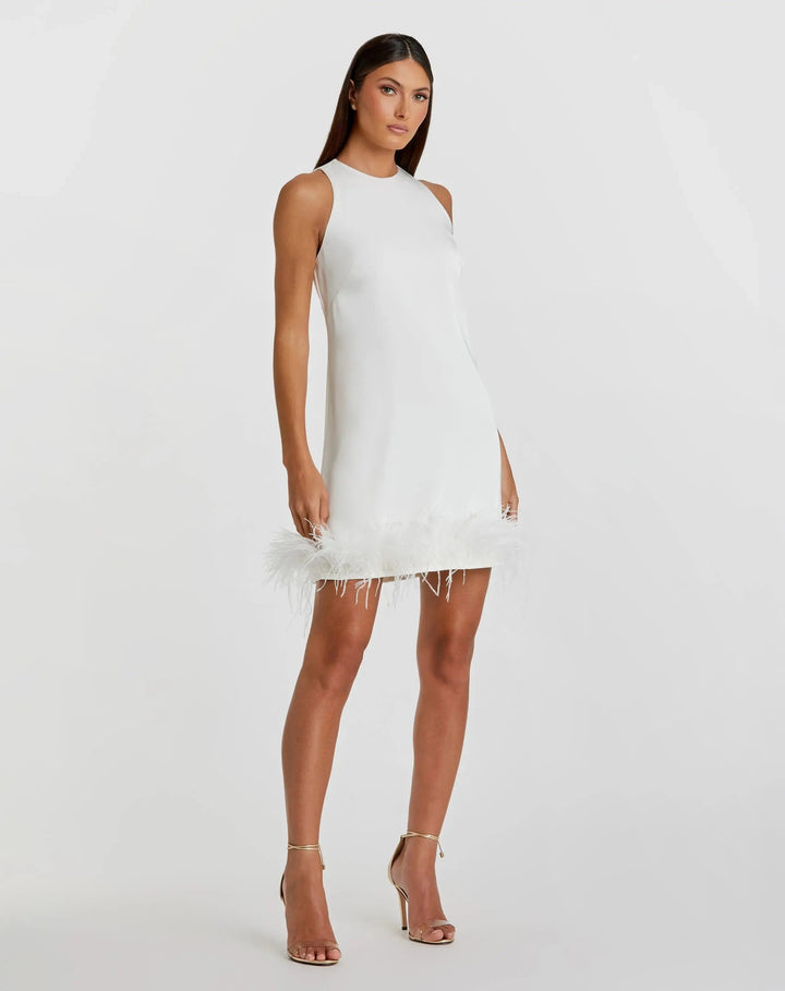 Mac Duggal 55805 Feathered Hem High Neck Sleeveless A Line Dress