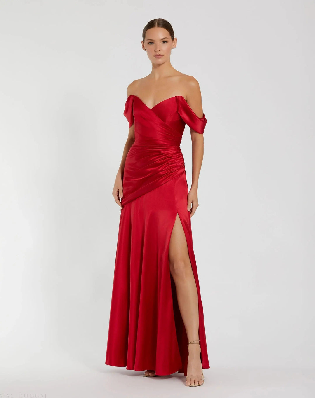 Mac Duggal 56037 Red Satin Off The Shoulder Crossover Gown