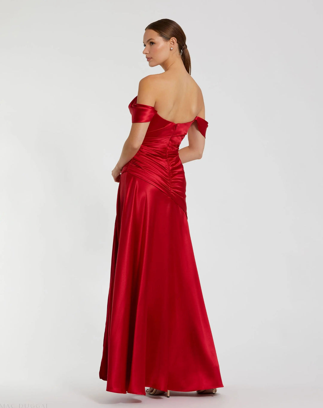 Mac Duggal 56037 Red Satin Off The Shoulder Crossover Gown