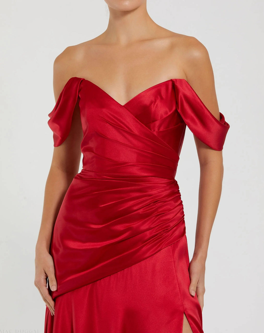 Mac Duggal 56037 Red Satin Off The Shoulder Crossover Gown