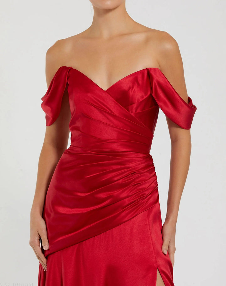 Mac Duggal 56037 Red Satin Off The Shoulder Crossover Gown