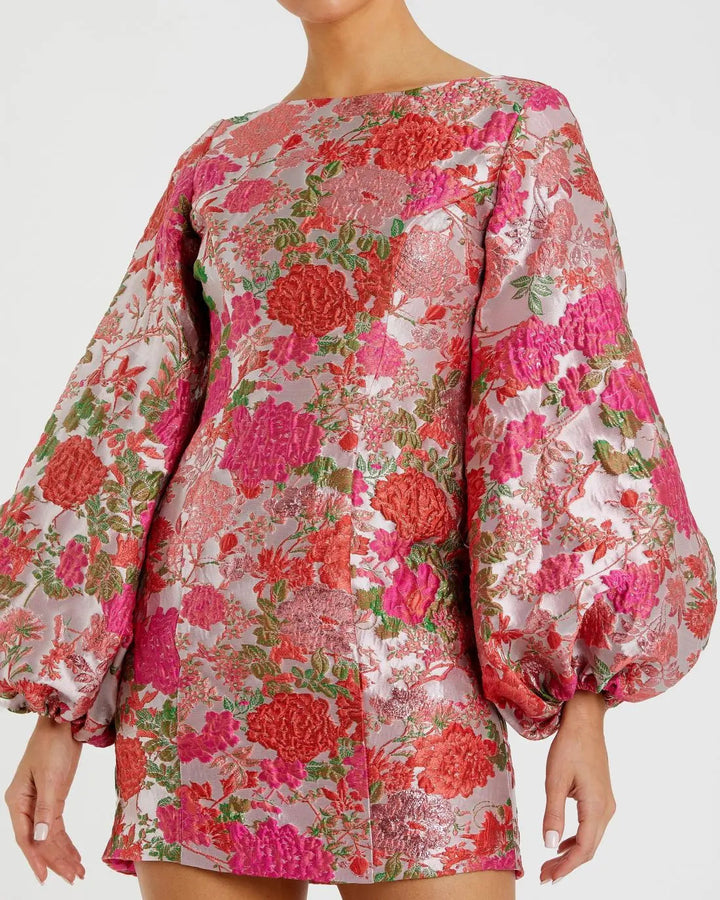 Pink Floral Brocade Balloon Sleeve Mini Dress - FOSTANI.com