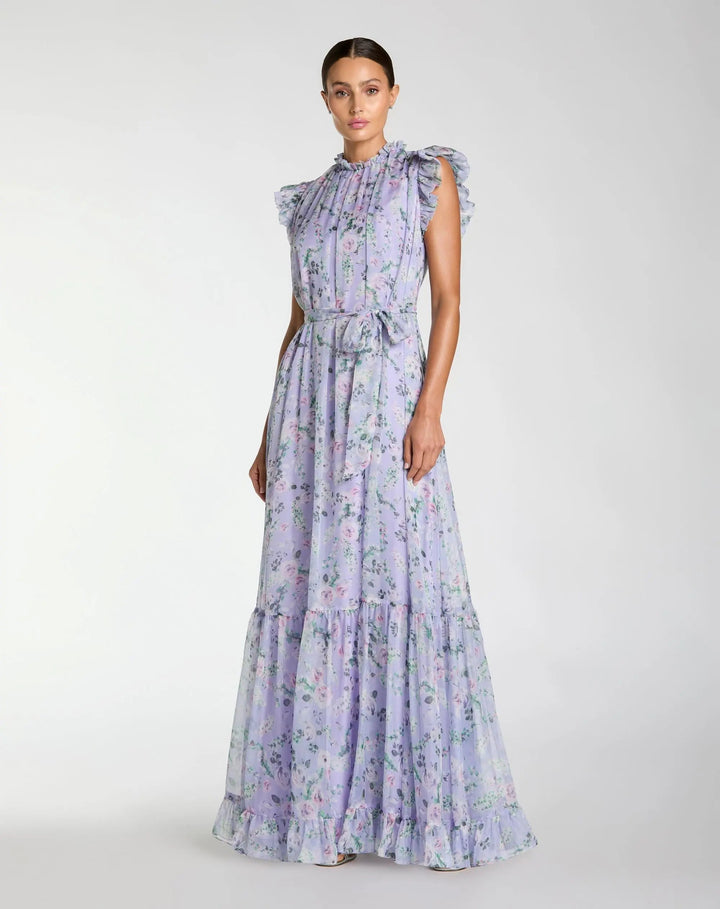 Light Purple Printed Chiffon Ruffle Sleeve Maxi Dress with Bow Belt - FOSTANI.com